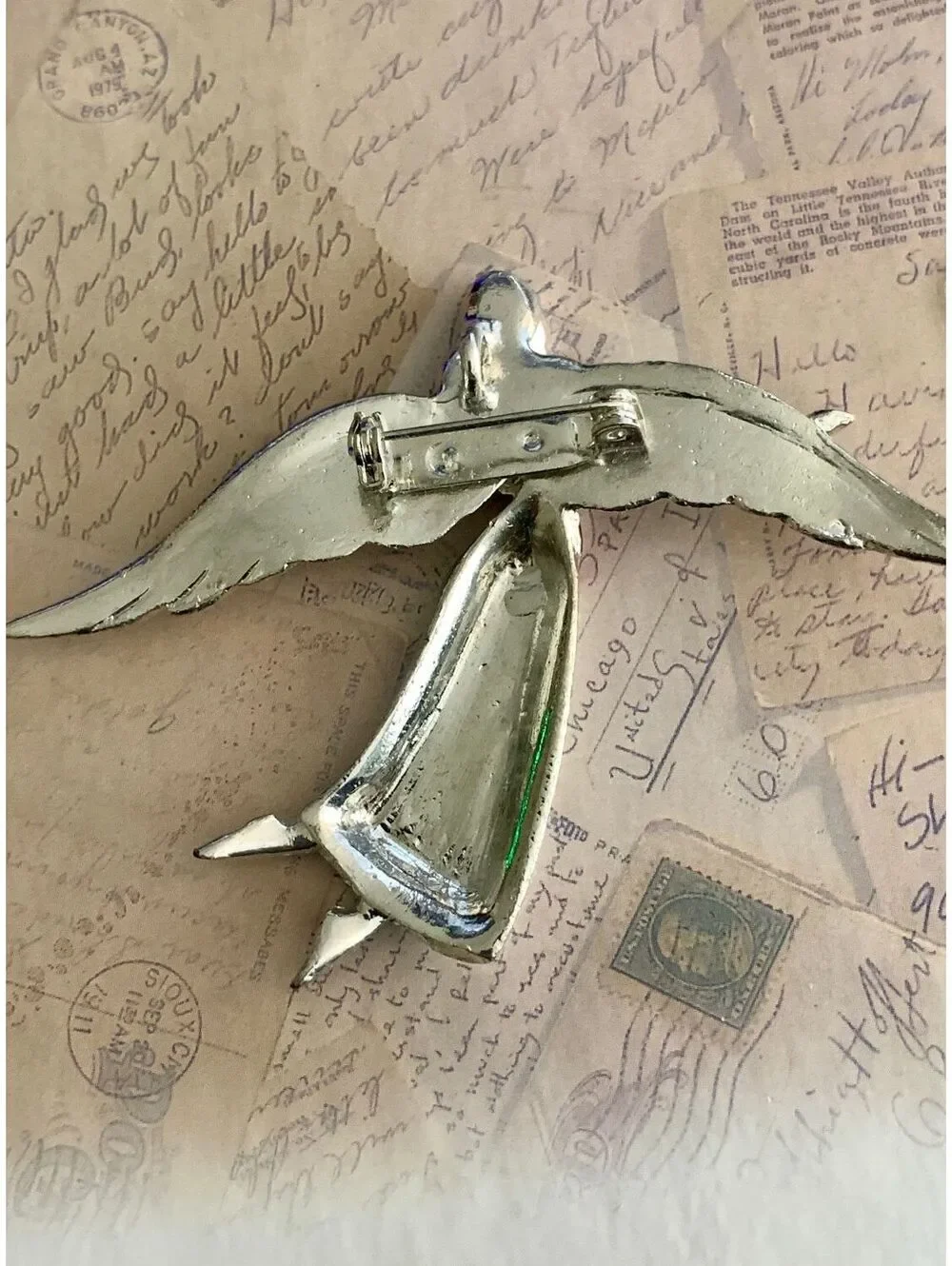 Vintage Breast Cancer Silver Bird Brooch with Red Ribbon 'Persevere' Script Pin